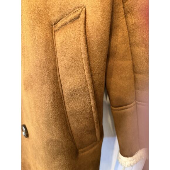 GUESS Mens Double Breasted Faux Shearling Overcoat Brown Medium - Picture 11 of 11